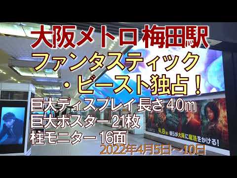 【ファンタビ広告】大阪メトロ 梅田駅 40m LEDディスプレイ 21枚 巨大ポスター 16面の柱モニターを独占！2022年4月5日～10日