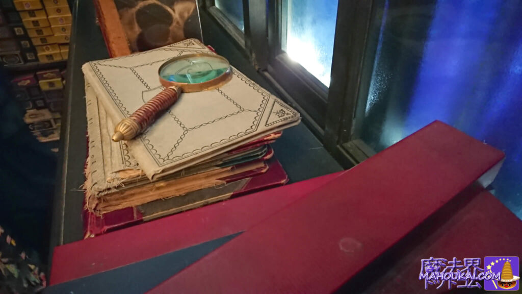 Window-side wand and items used by Ollivander Inside the Ollivander attraction shop USJ 'Harry Potter area'