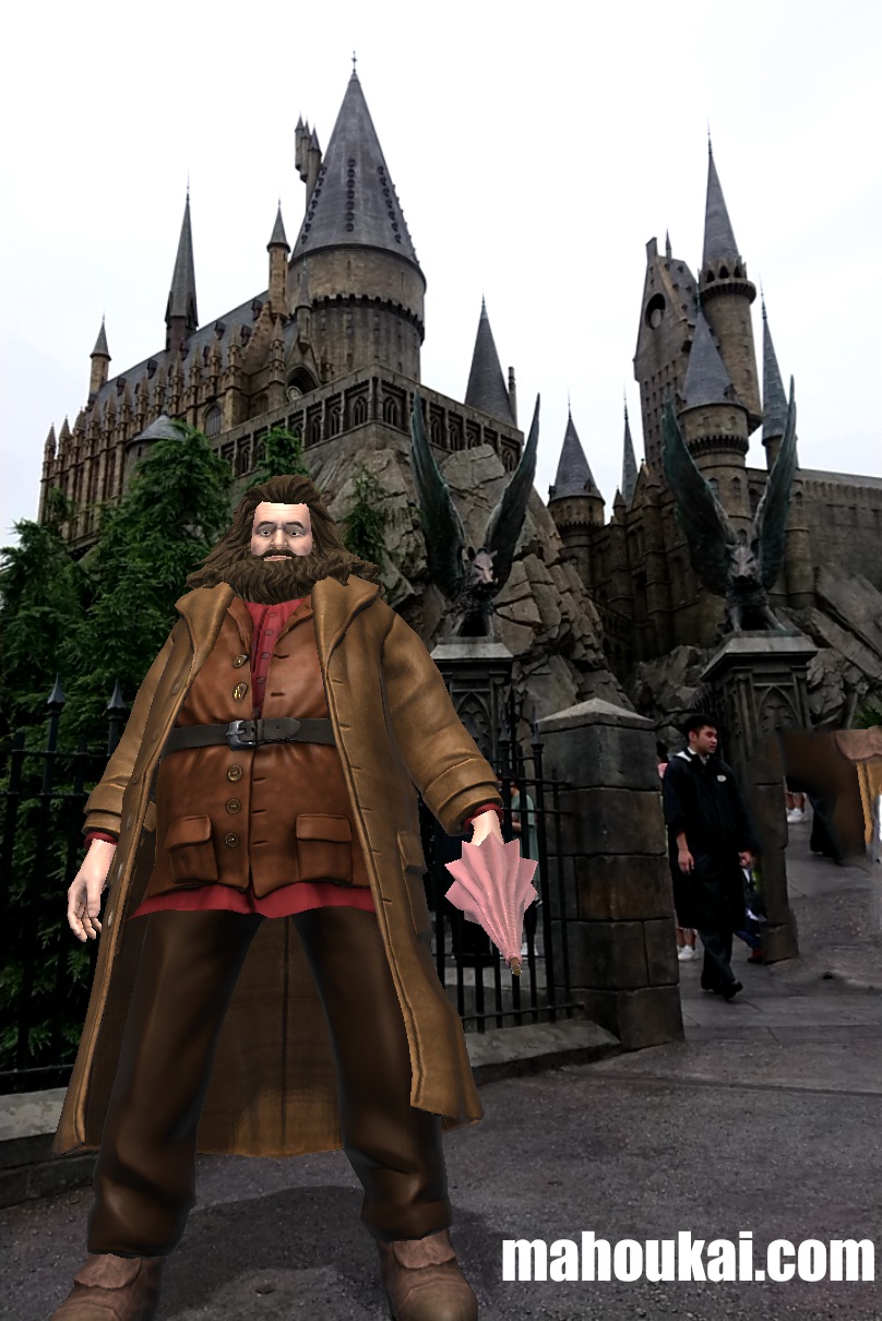 Hagrid in front of Hogwarts Castle in AR filming.