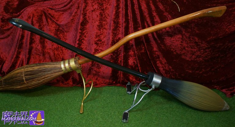 Photograph comparing the completed Noble Collection Nimbus 2001 with the Cinereplica Nimbus 2000.