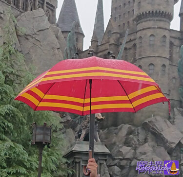 Sudden rain in USJ Harry Potter Area! Gryffindor umbrellas, Universe umbrellas, Wizarding World hippos Rain ponchos, or get wet?