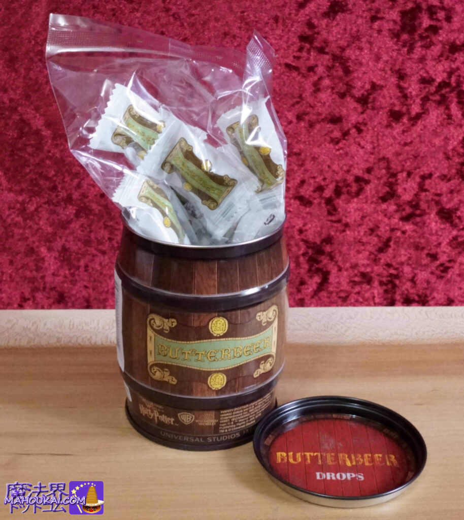 Butterbeer-flavoured candy (drops) in a Butterbeer barrel can at Honeydukes, a candy shop in the Harry Potter area at USJ.