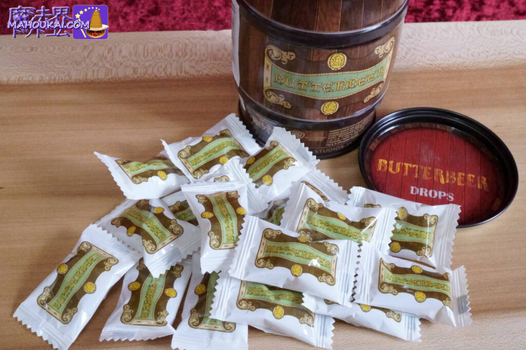 Butterbeer-flavoured candy (drops) in a Butterbeer barrel can at Honeydukes, a candy shop in the Harry Potter area at USJ.