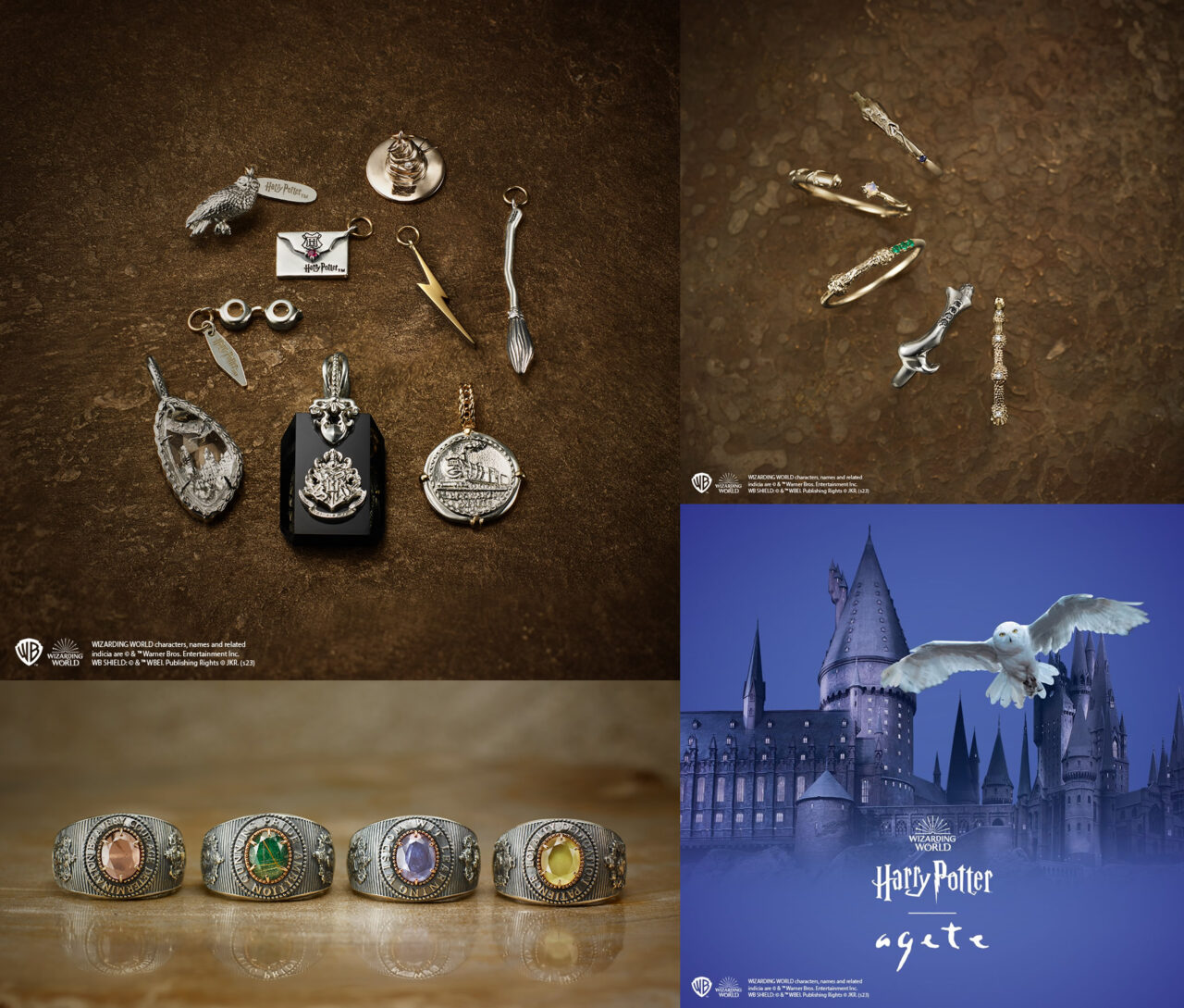 agete x Harry Potter Four Dormitory Rings & Wand Rings & Hogwarts and Hedwig charms on sale from Friday 9 June 2023.