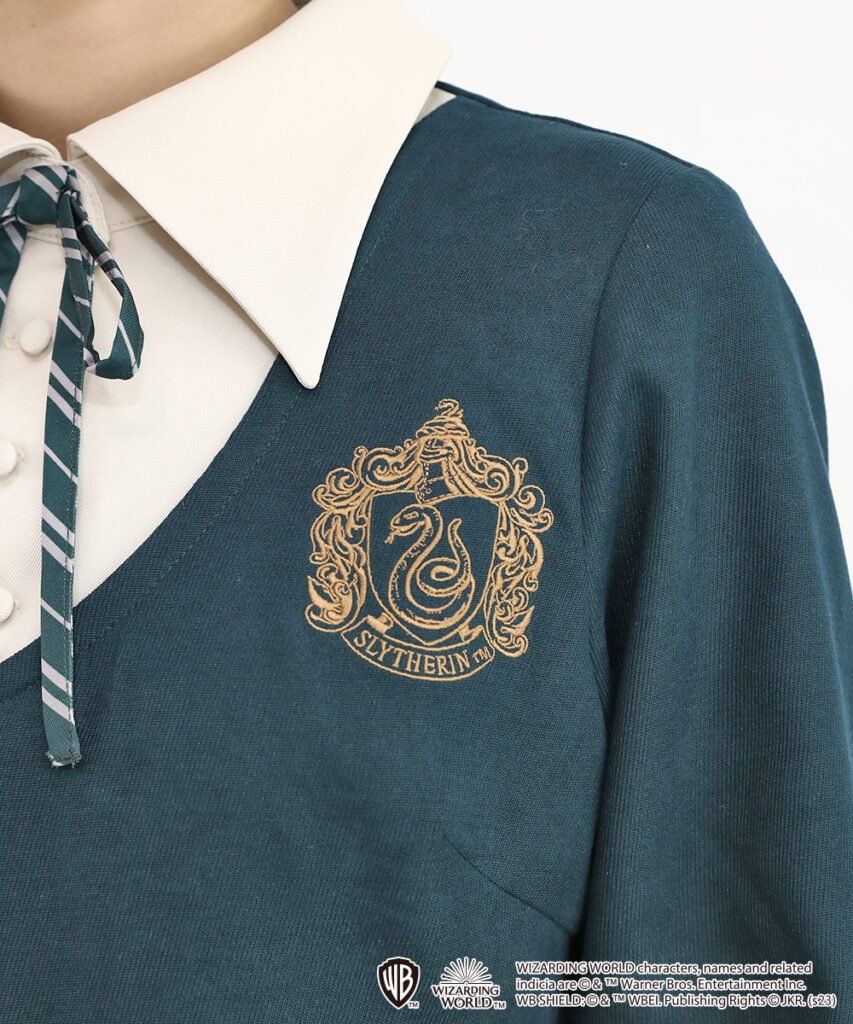 Cleric yoke switching dress Slytherin F i.n.t x Harry Potter Hogwarts-style 'dress', 'cardigan' and 'beret' - 1 Dec 2023.