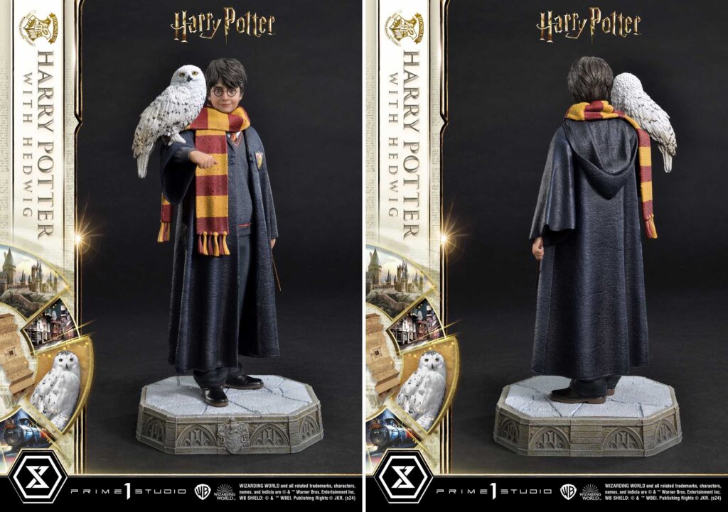 Two realistic 'Harry Potter' figures, wand at the ready & Hedwig, 28 cm tall, from Prime 1 Studios.
