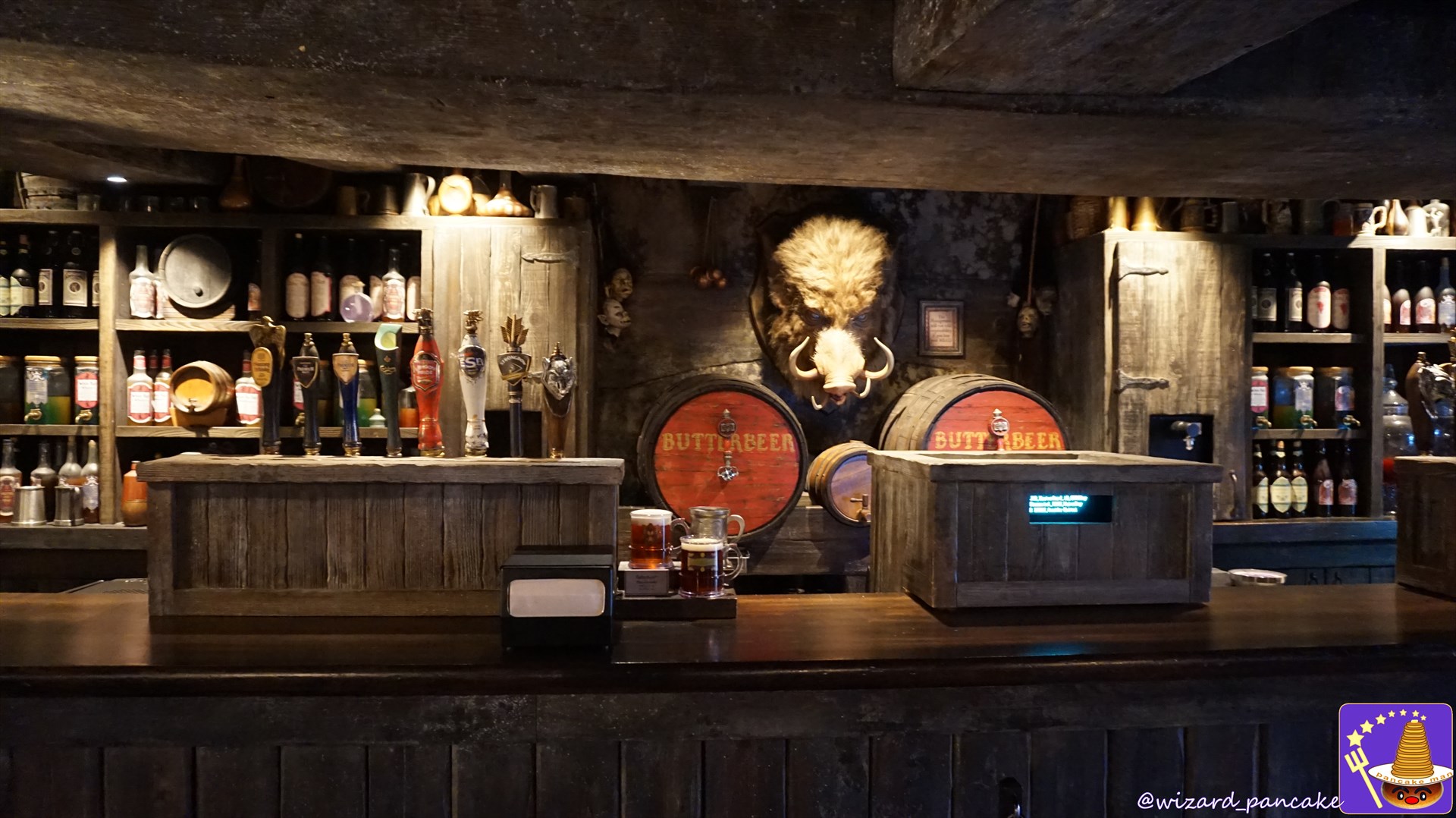 Hog's Head pub in the Harry Potter area Bar counter and boar's head sculpture.